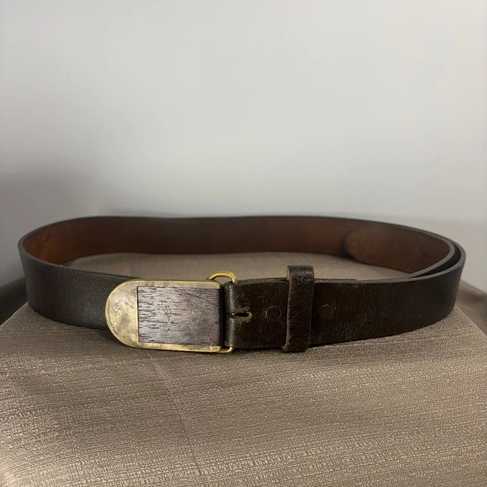 BTS Leather Belt Men 38 Brown Rare Vintage 70s Wood Inlay Solid Brass Buckle USA
